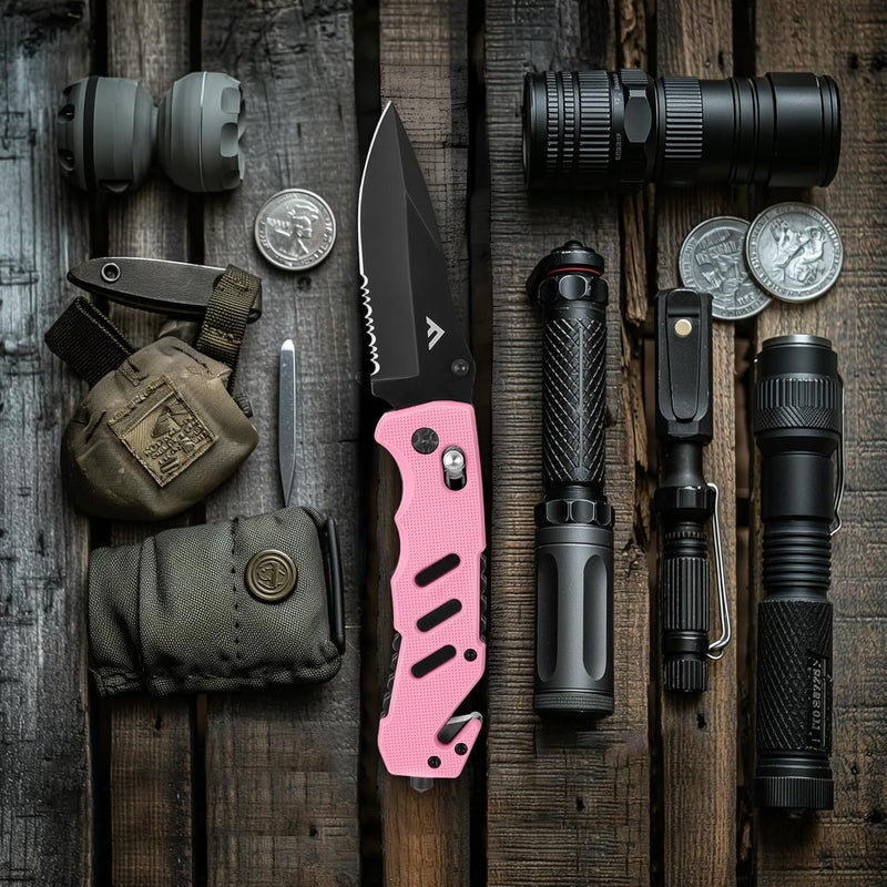 FLISSA Folding Pocket Knife with Clip, Glass Breaker and Seatbelt Cutter, Survival Knife for Emergency Rescue Situations, EDC Knife for Tactical, Hunting, Camping, Outdoor, Unique Gifts for Dad, Father-Pink - Image 5